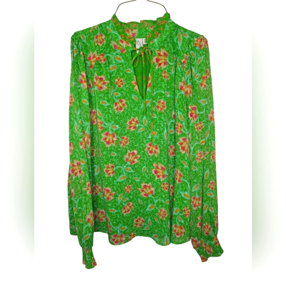 Joie Sheer Smocked Sleeve Ruffle V Neck Colorful Boho Lined Blouse Size Small